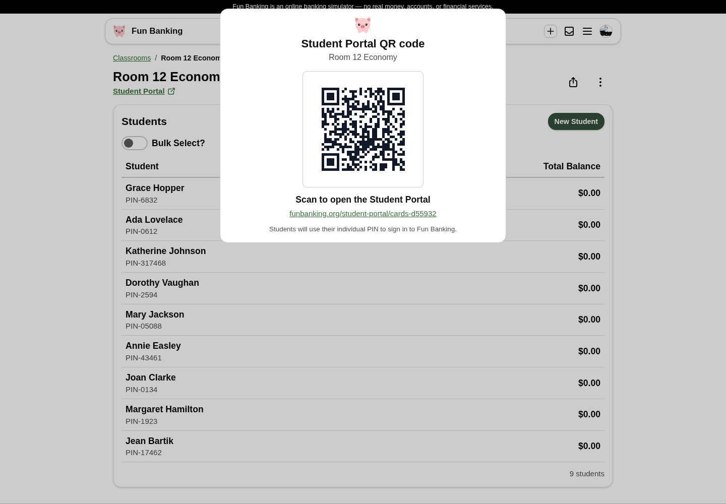 The Student Portal QR code modal displayed over a classroom page
